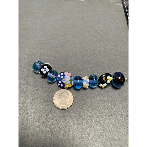 Handmade Floral Lampwork Glass Beads Blue & Black 9 Pieces - Picture 5 of 5